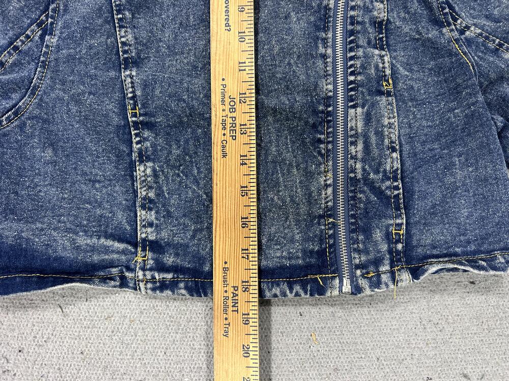 Y2K Forever 21 Jacket Womens XS Blue Acid Wash Cropped Denim Moto Asymmetrical - Picture 8 of 13